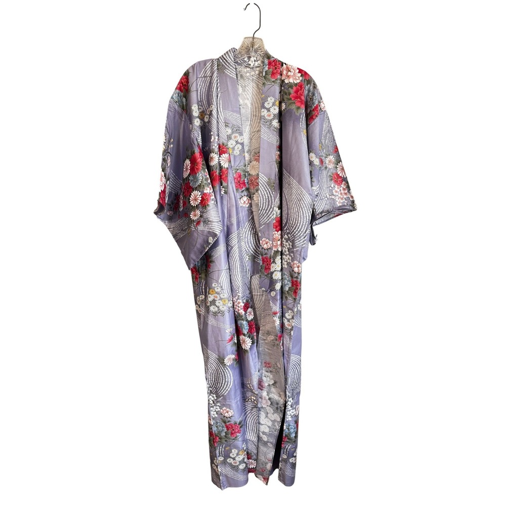 Vintage Japanese Cotton Kimono Robe Lavender Purple Floral Long Yukata Japan
